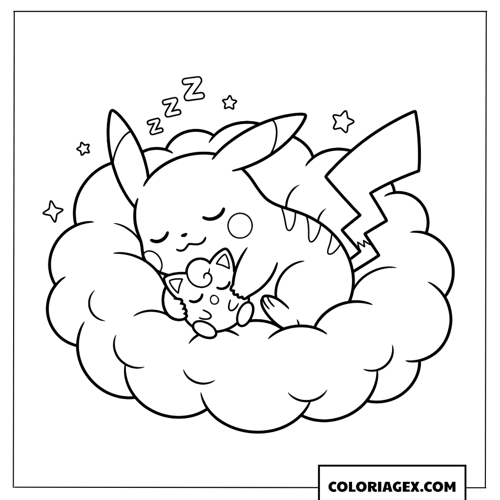 Coloriage Pikachu et Rondoudou dormant paisiblement sur un nuage étoilé