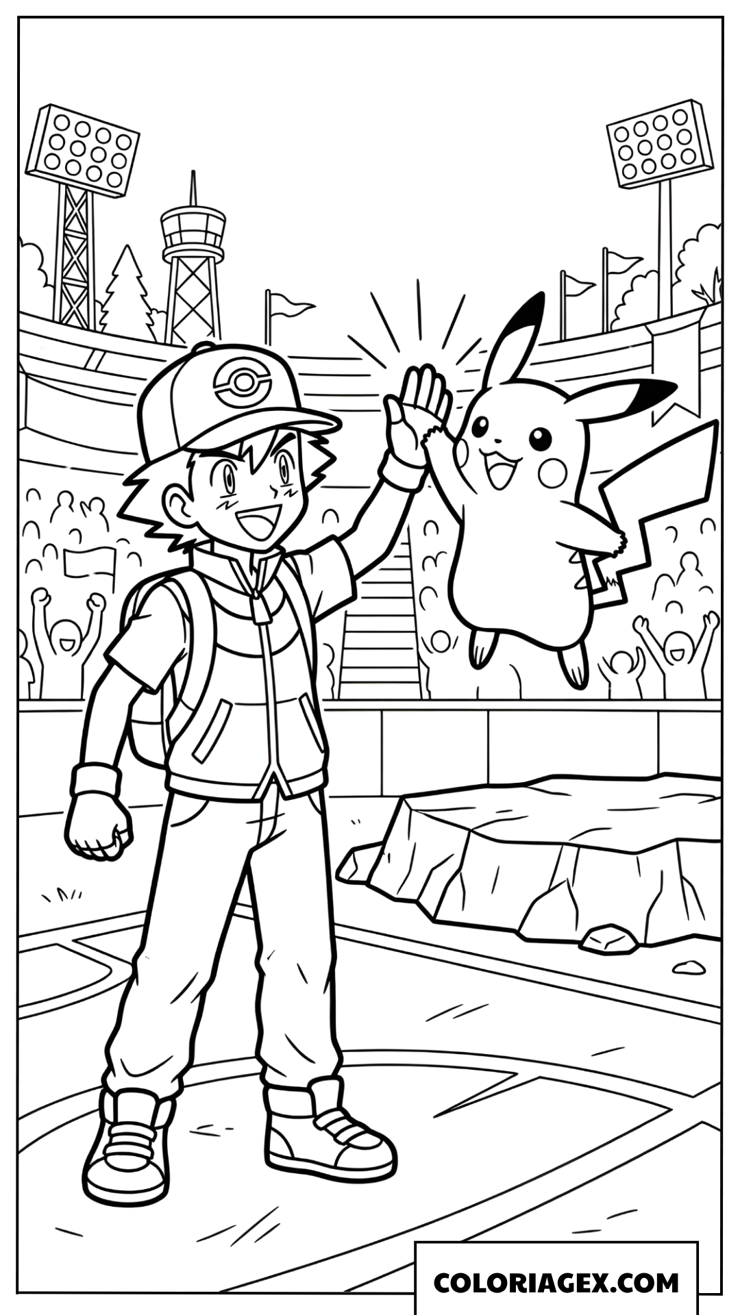 Coloriage Pikachu et Sacha célébrant une victoire au stade