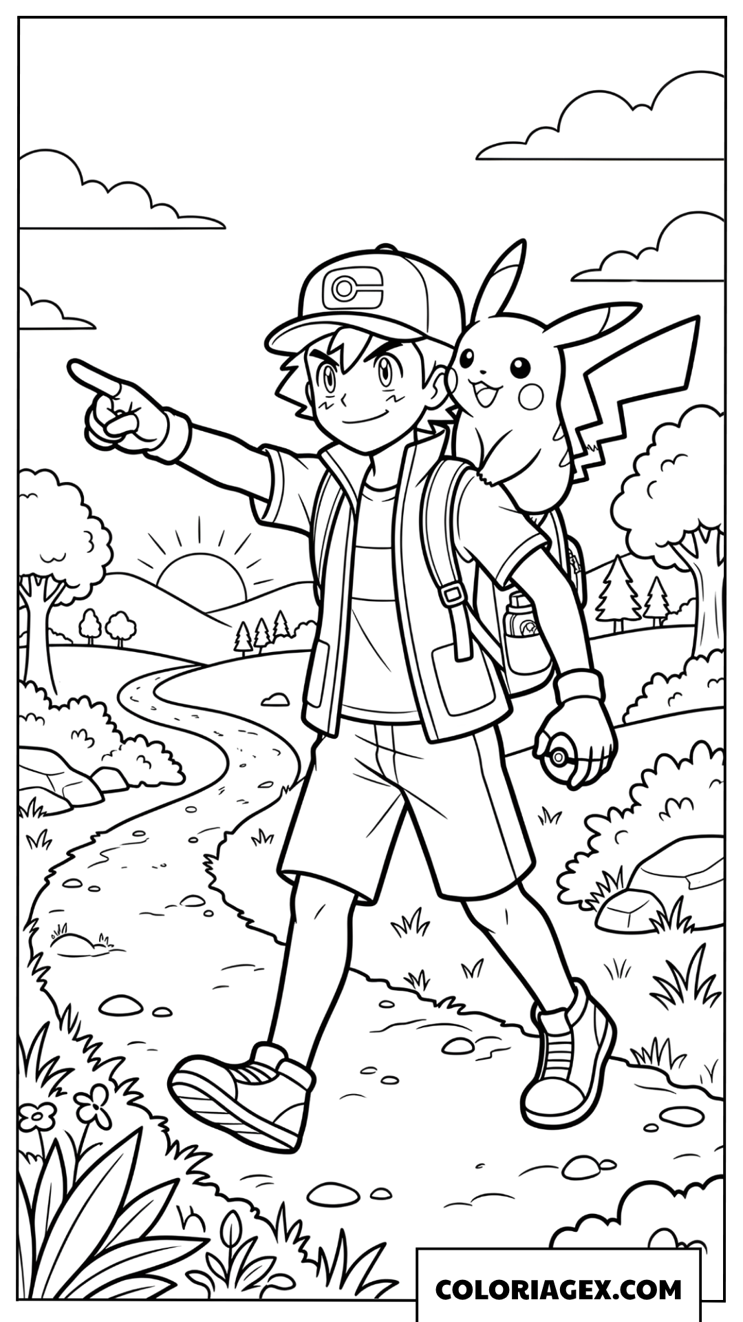 Coloriage Pikachu et Sacha partant à l'aventure sur un sentier