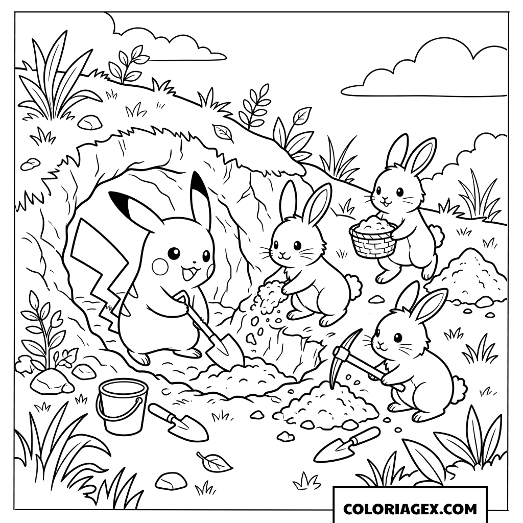 Coloriage Pikachu et les lapins creusant un terrier ensemble
