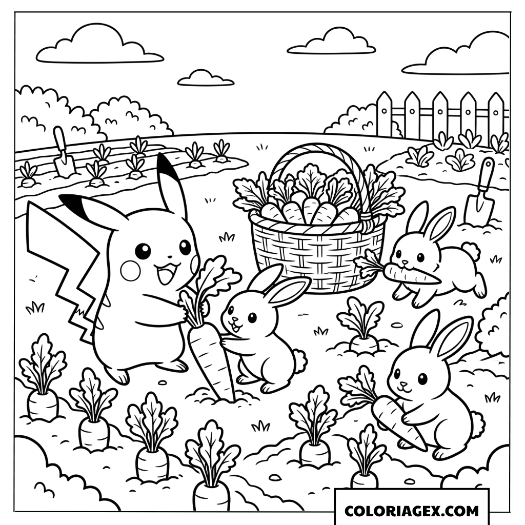 Coloriage Pikachu et les lapins récoltant des carottes dans le potager