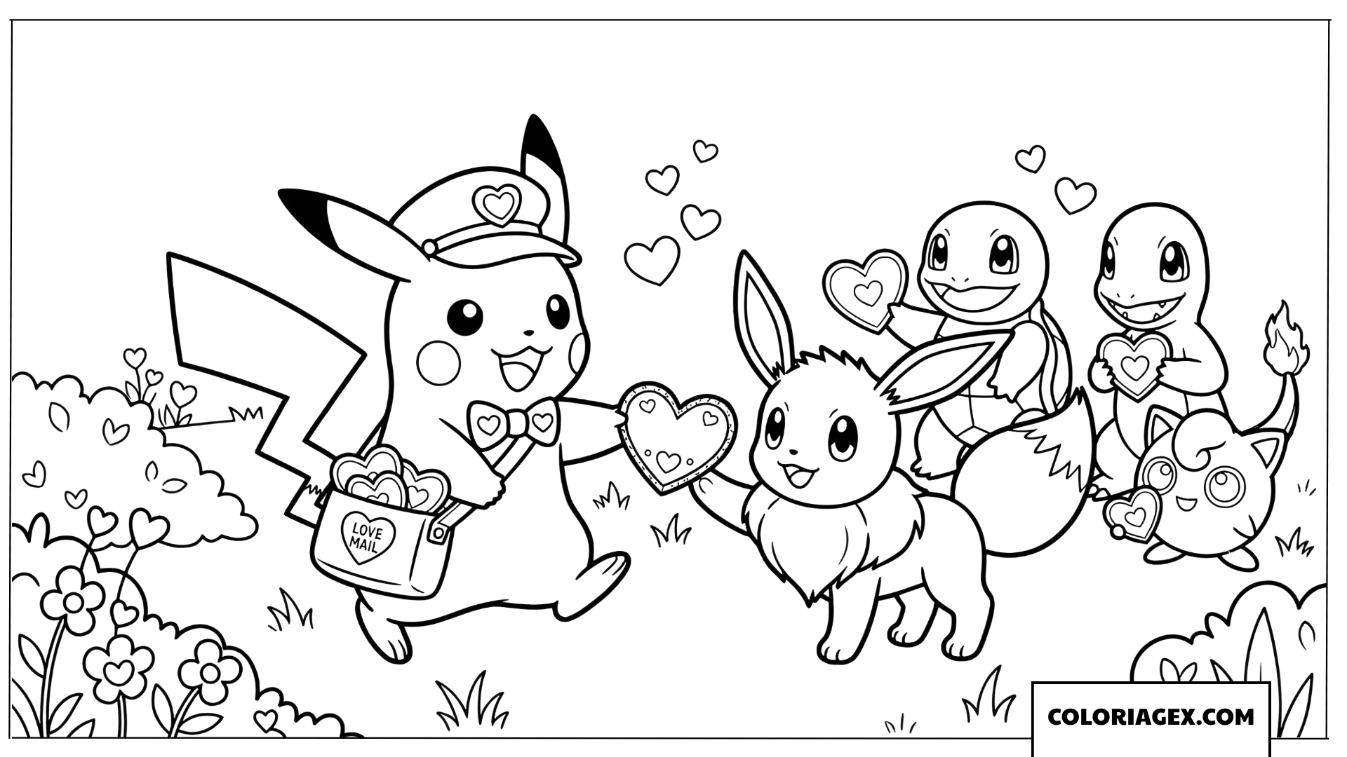 Coloriage Pikachu facteur distribuant des cœurs de Saint Valentin