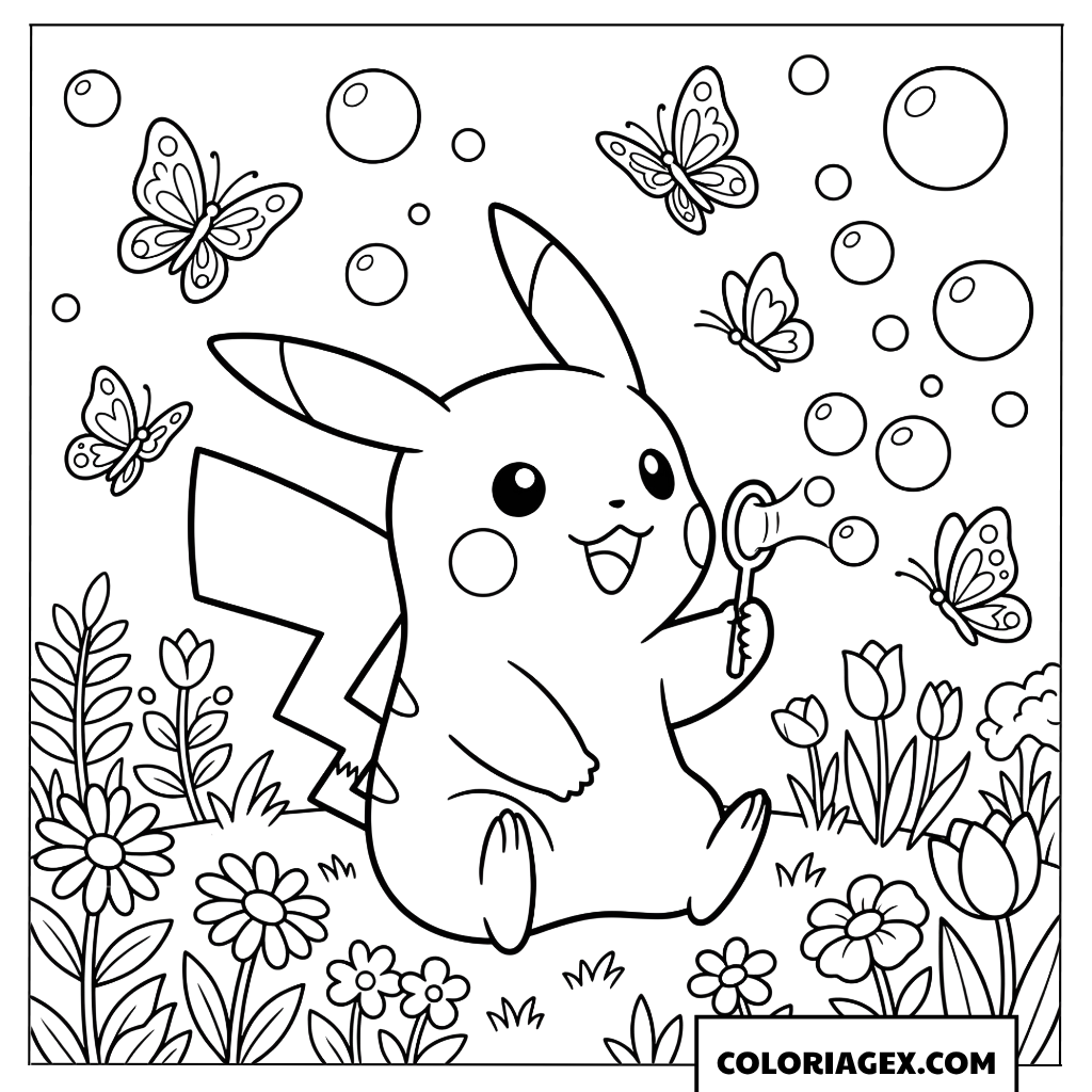 Coloriage Pikachu joyeux s'amusant avec des bulles de savon dans un jardin