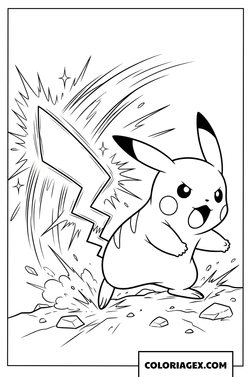 Coloriage Pikachu utilisant son attaque Queue de Fer puissante