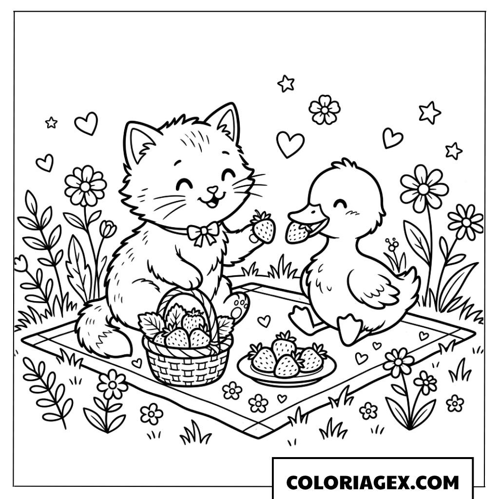 Coloriage Pique-nique du Chaton et du Caneton
