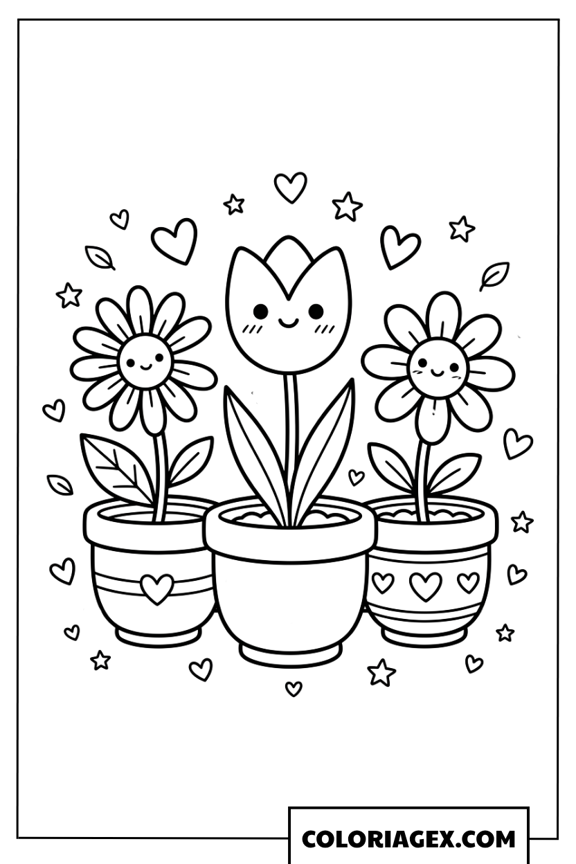 Coloriage Pots de Fleurs Heureux du Printemps