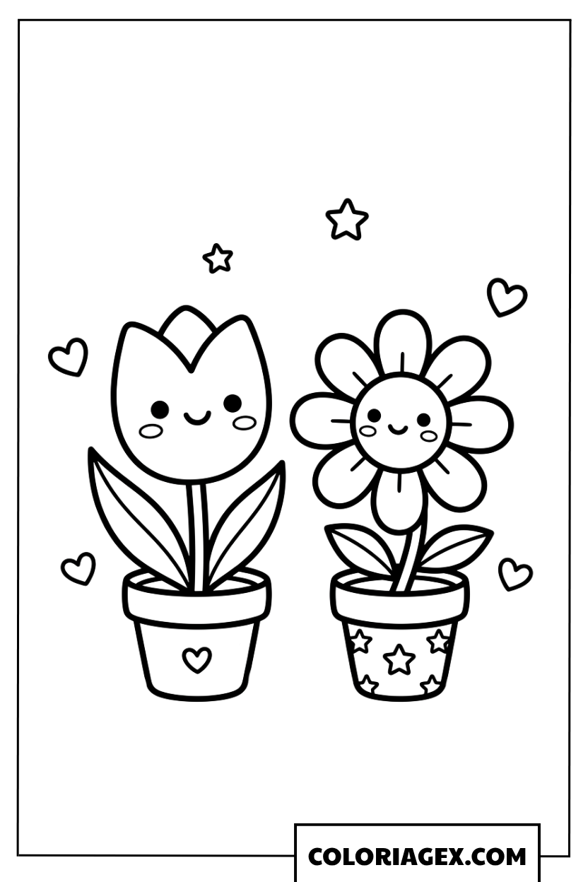 Coloriage Pots de Fleurs Souriants du Printemps