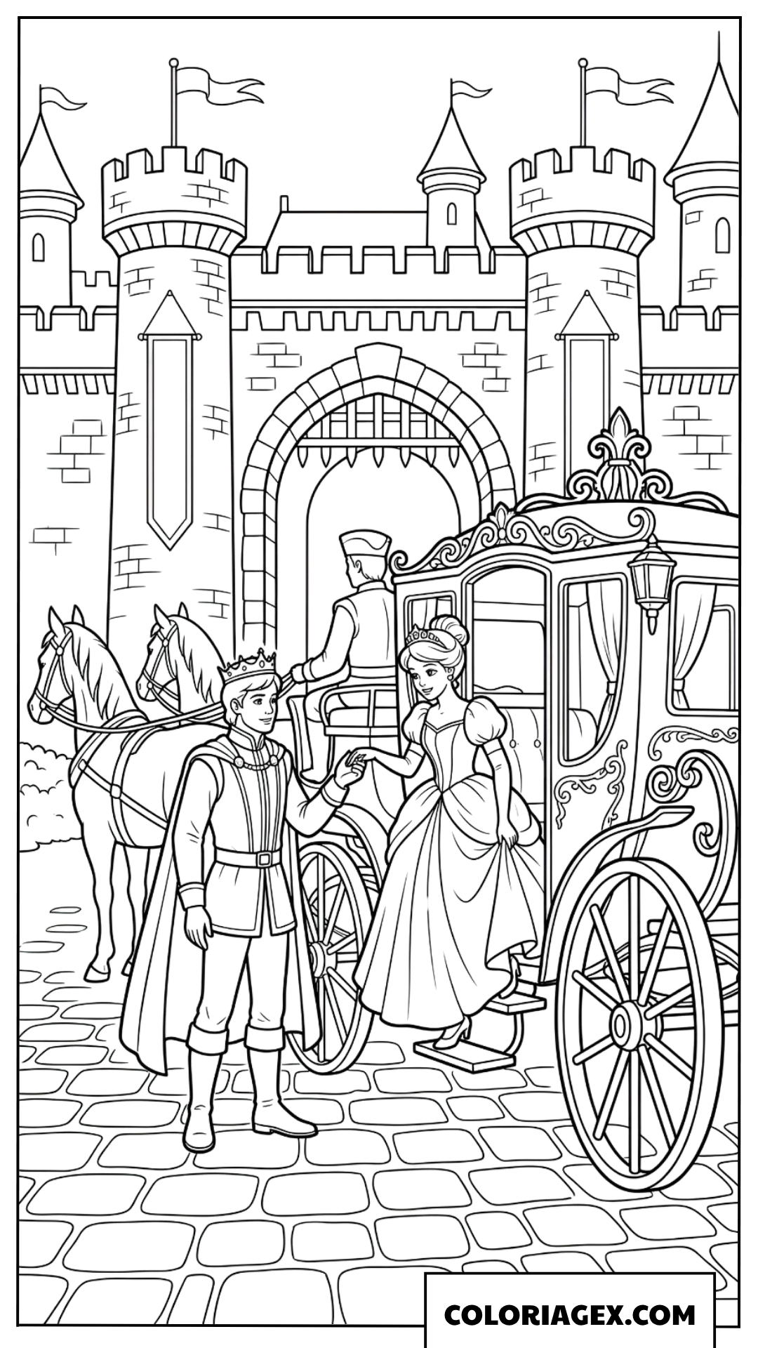 Coloriage Prince aidant la Princesse a descendre du carrosse