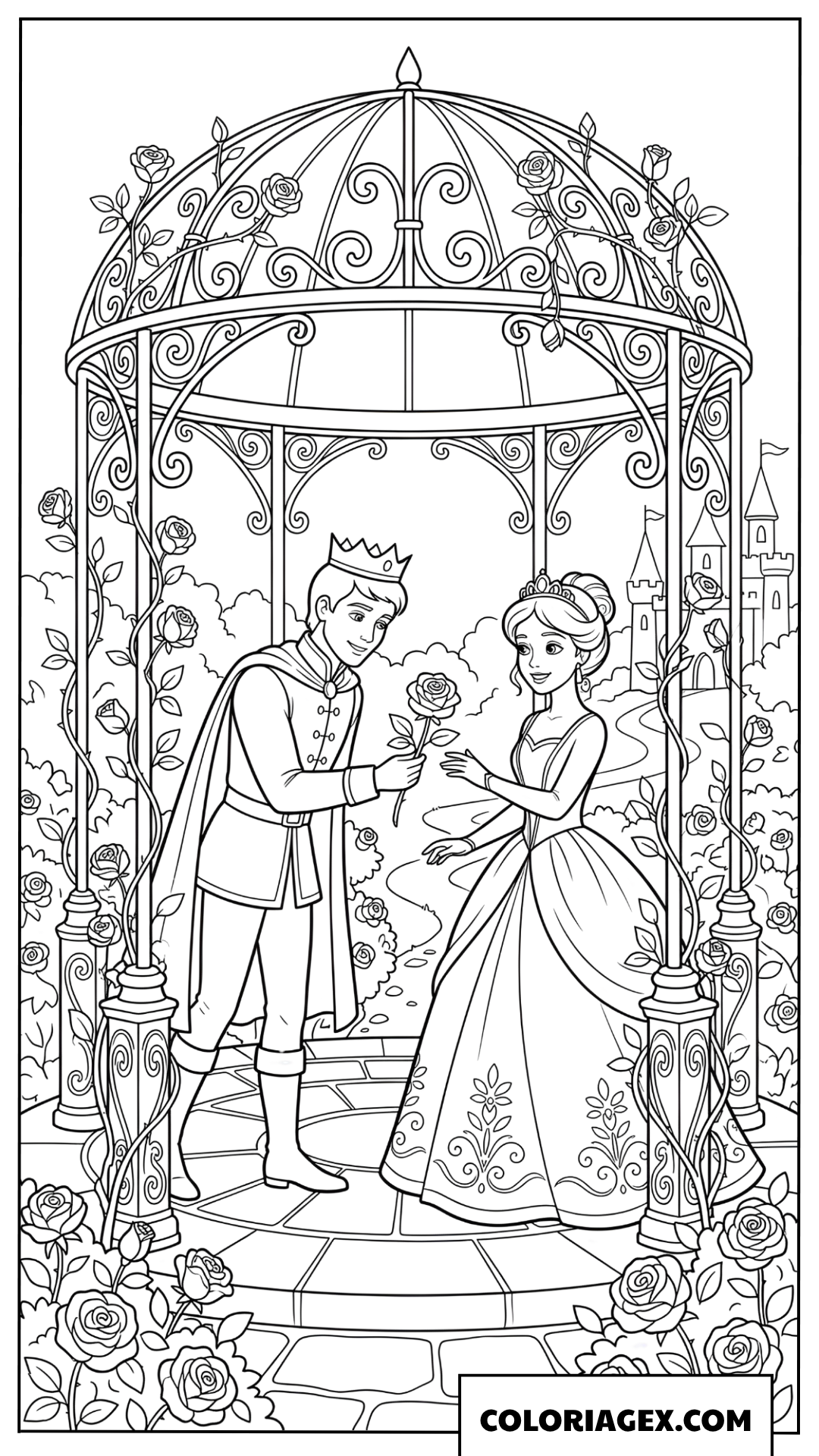 Coloriage Prince offrant une rose a la Princesse sous le gazebo
