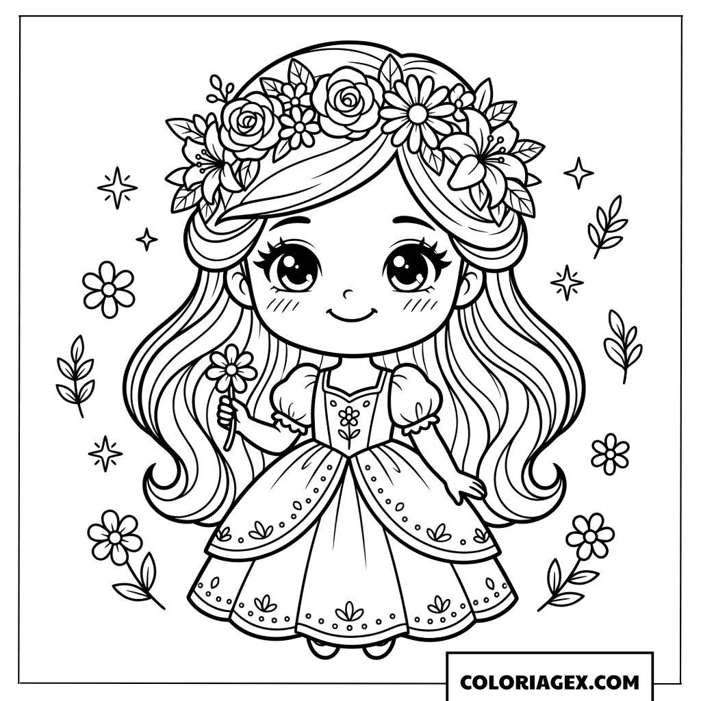Coloriage Princesse Chibi avec une grande couronne de fleurs