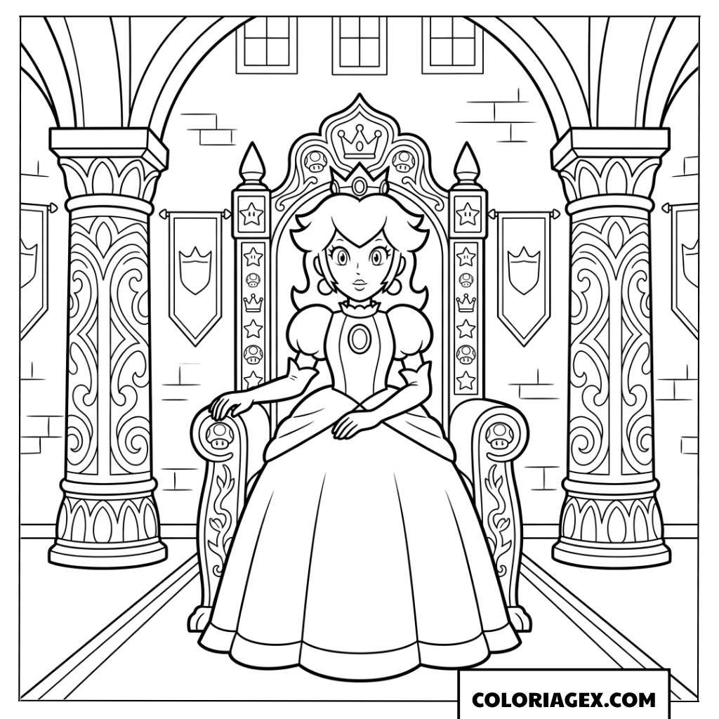 Coloriage Princesse Peach assise sur son trone royal