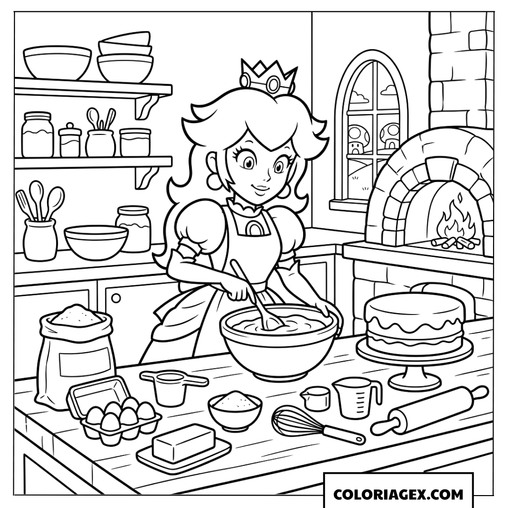 Coloriage Princesse Peach cuisine un gateau dans la cuisine
