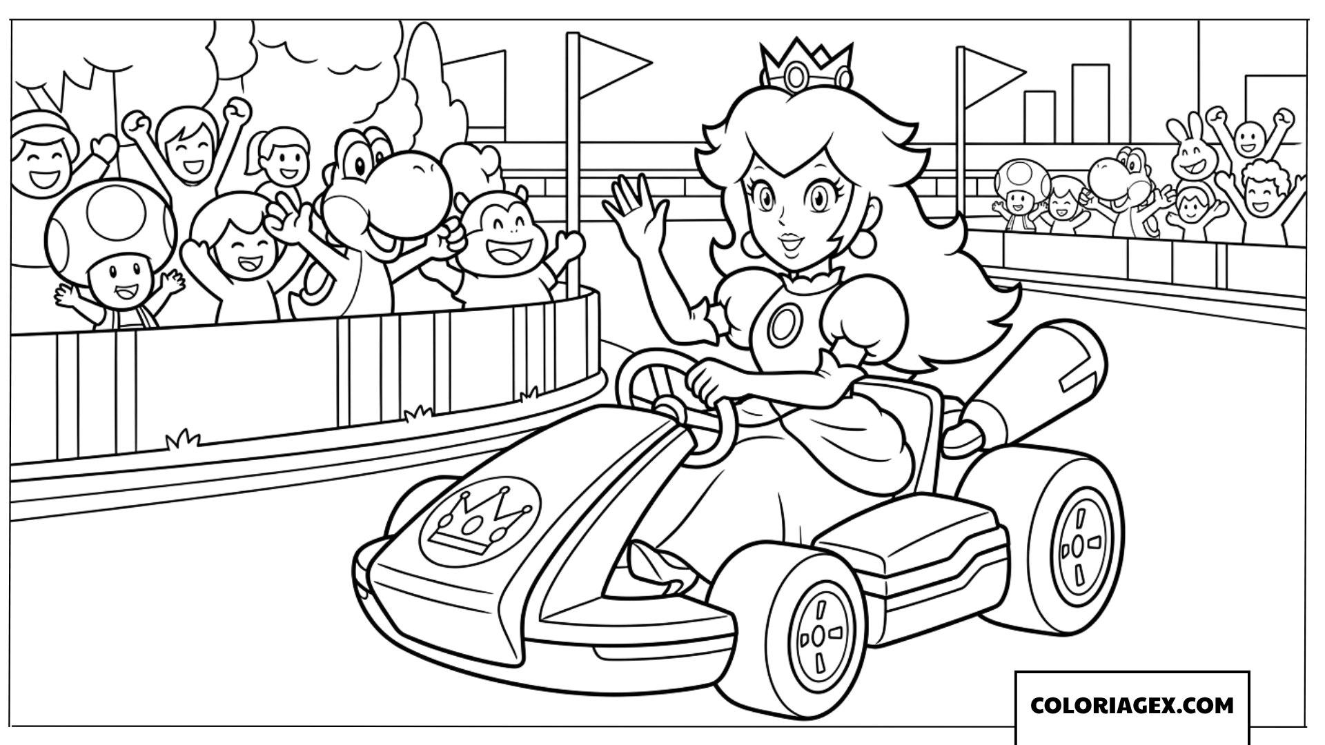Coloriage Princesse Peach saluant ses fans en plein karting