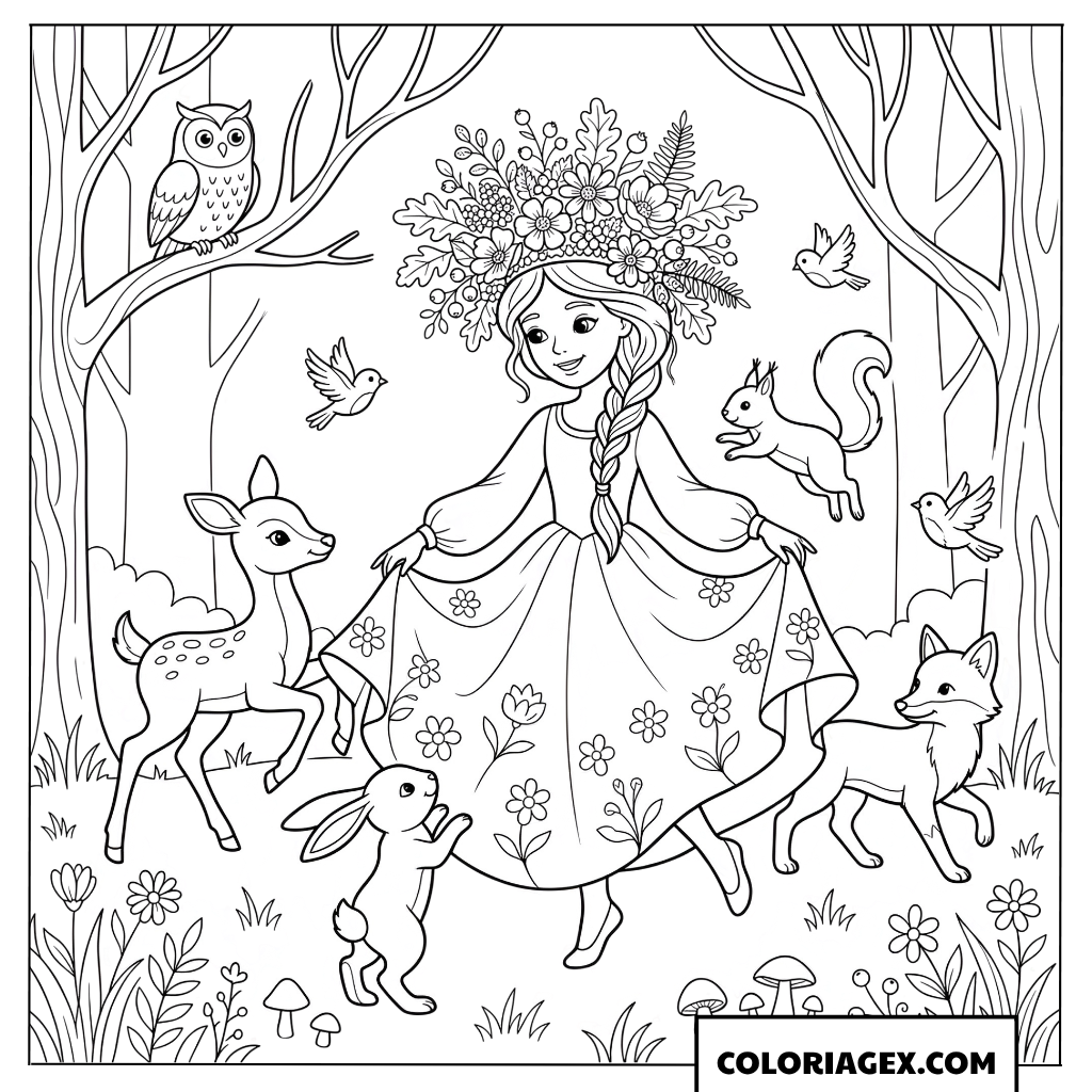 Coloriage Princesse avec une couronne de fleurs et les animaux de la foret