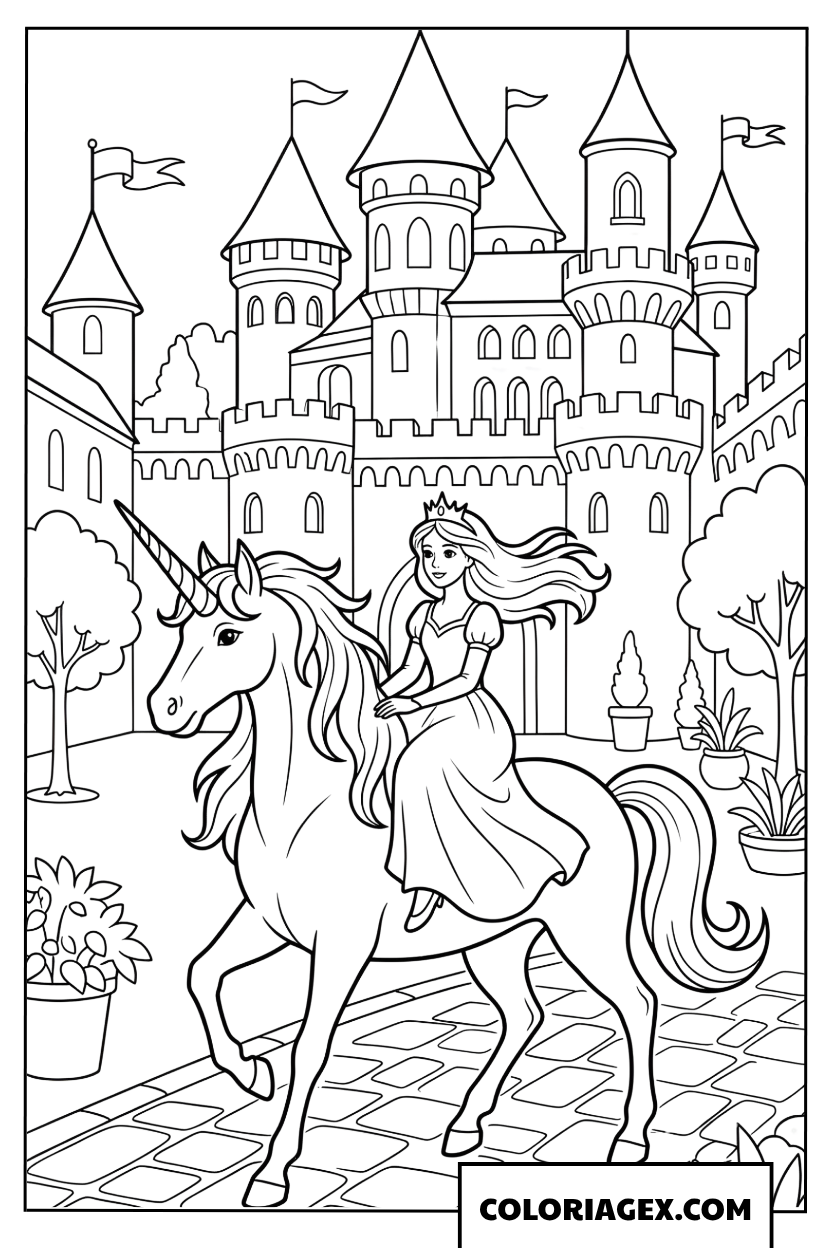 Coloriage Princesse chevauchant une licorne