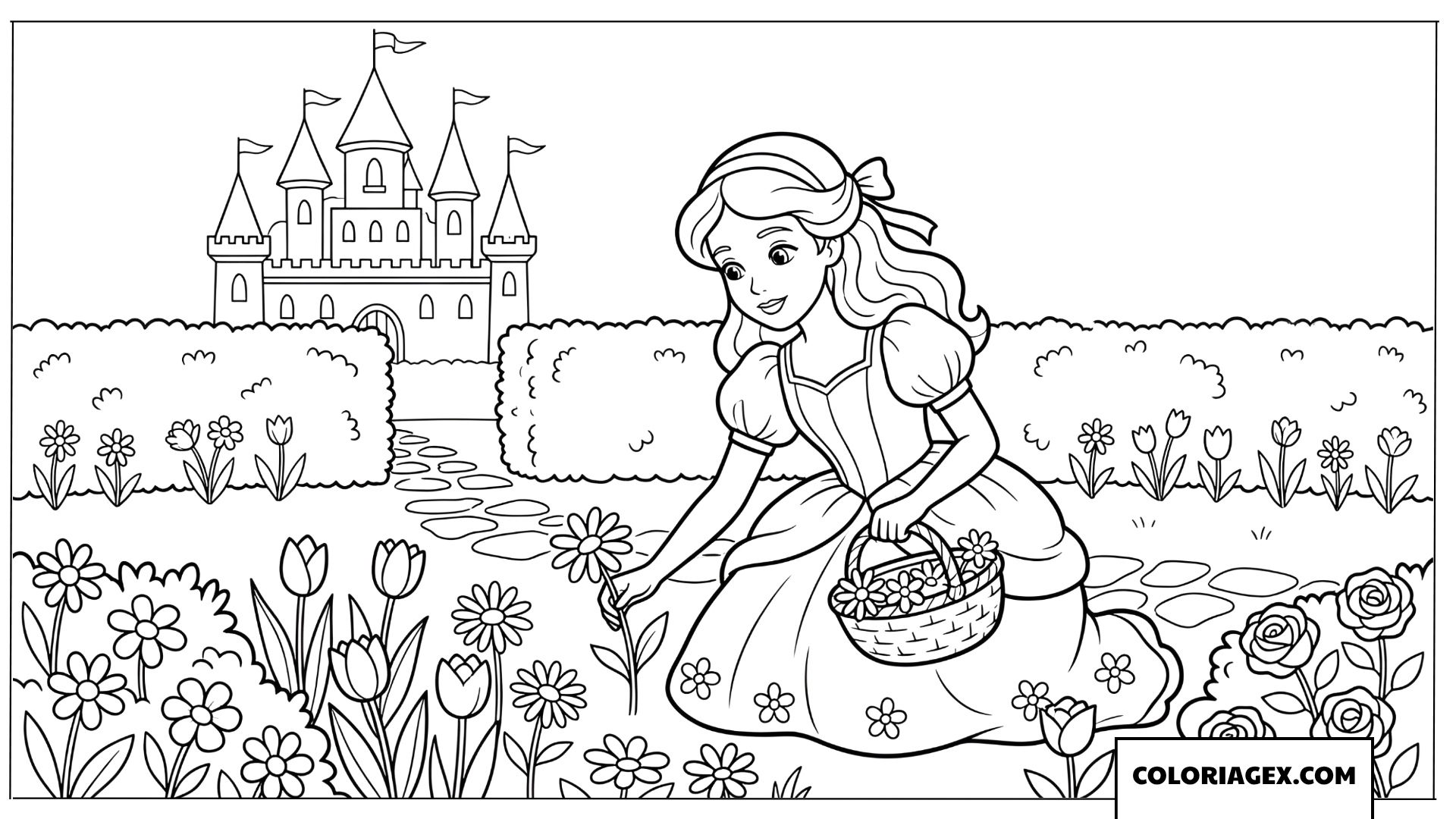 Coloriage Princesse cueillant des fleurs dans le jardin du chateau