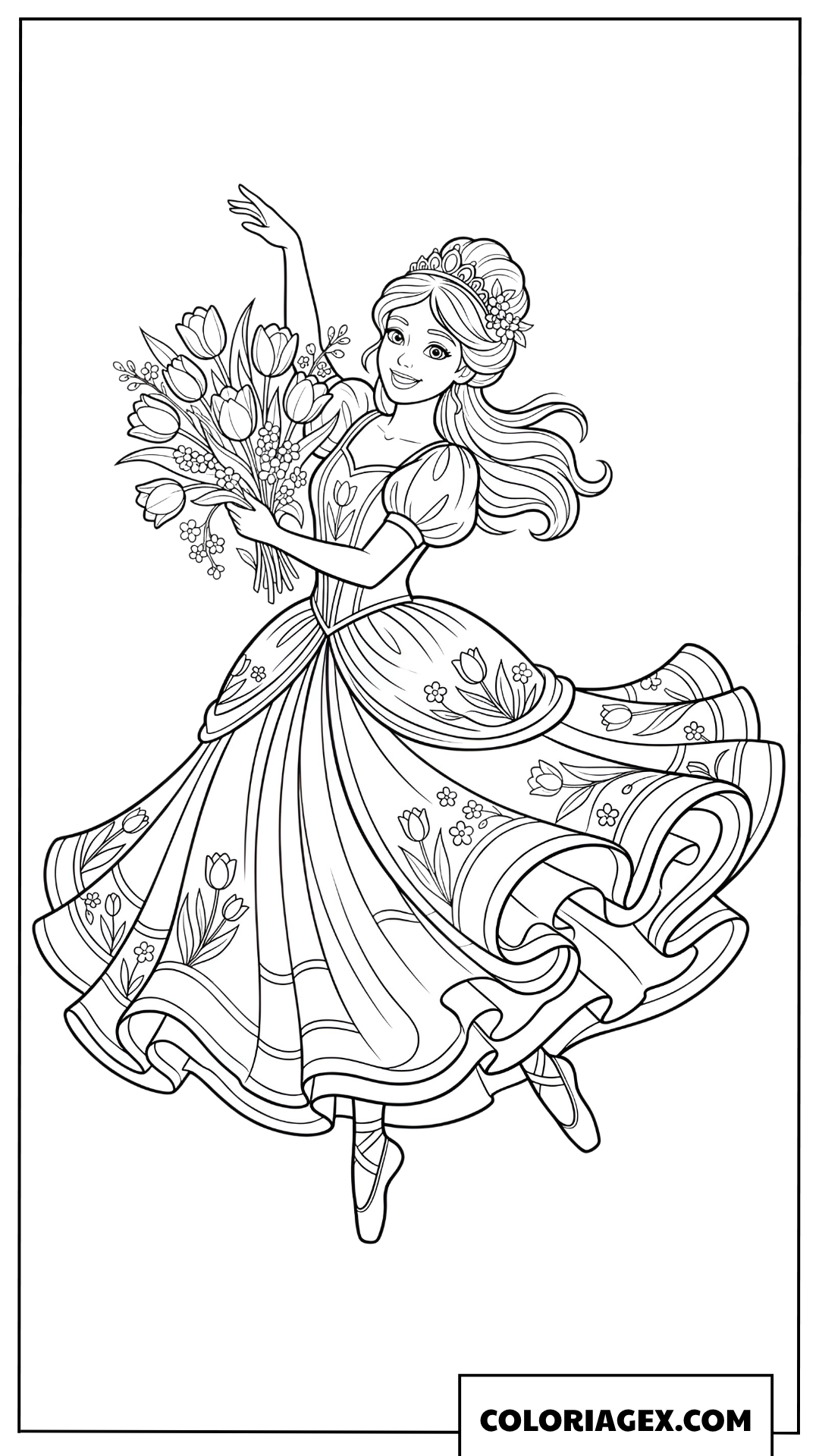 Coloriage Princesse dansant avec un bouquet de tulipes