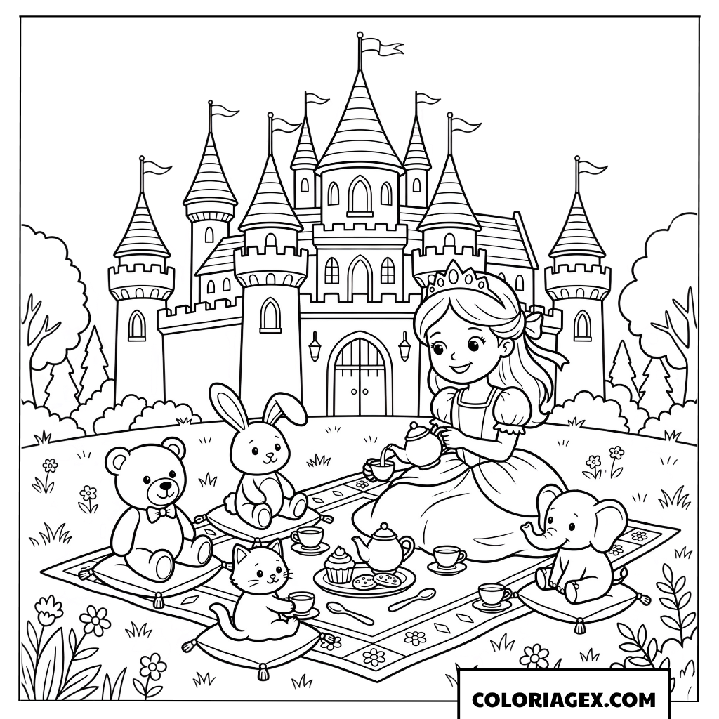 Coloriage Princesse et tea party devant le chateau magique
