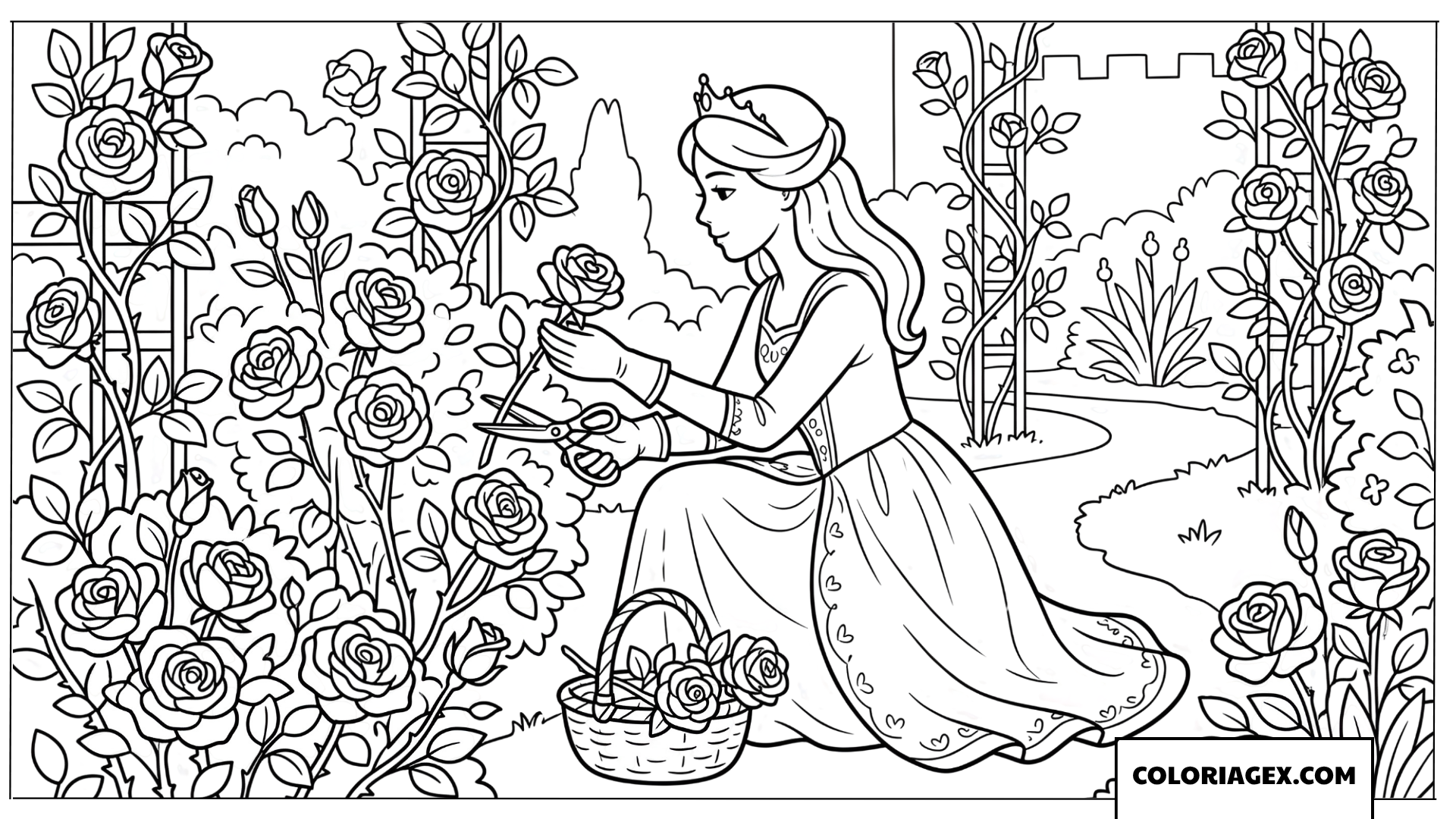 Coloriage Princesse jardinant dans une roseraie magnifique
