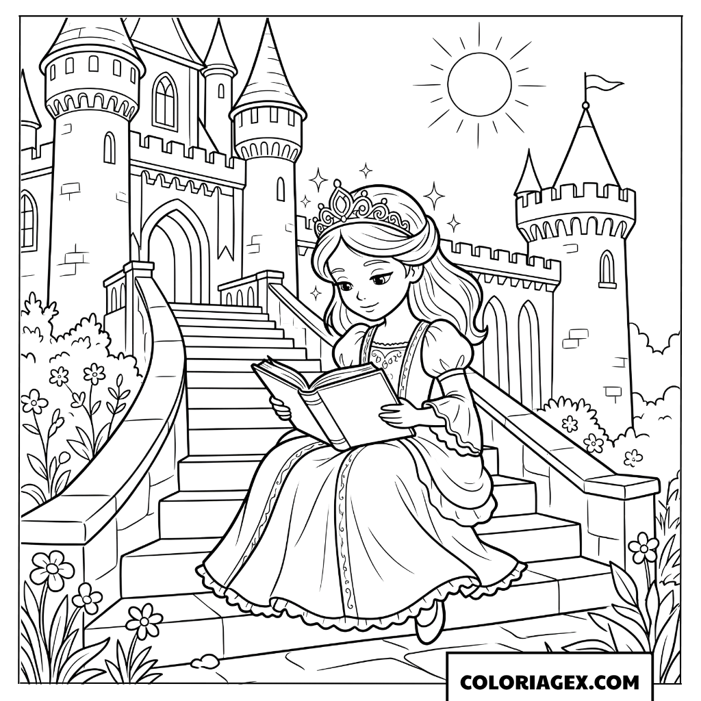 Coloriage Princesse lisant sur les escaliers du chateau