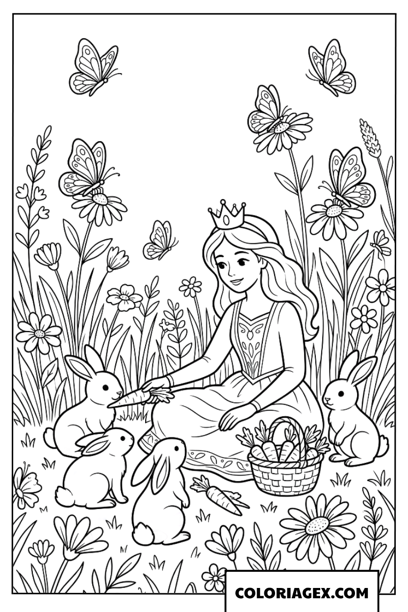 Coloriage Princesse nourrissant des lapins dans un champ de fleurs