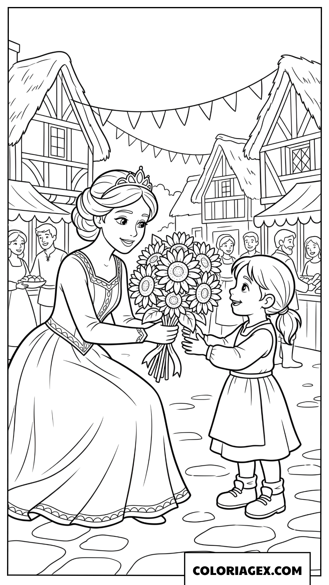 Coloriage Princesse offrant un bouquet de tournesols à une petite fille