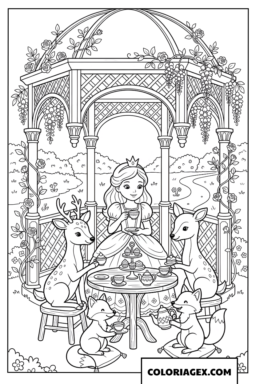 Coloriage Princesse prenant le the avec les animaux de la foret