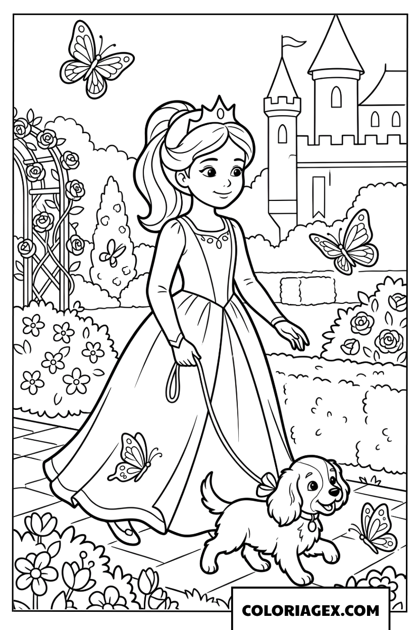 Coloriage Princesse se promenant avec son chien