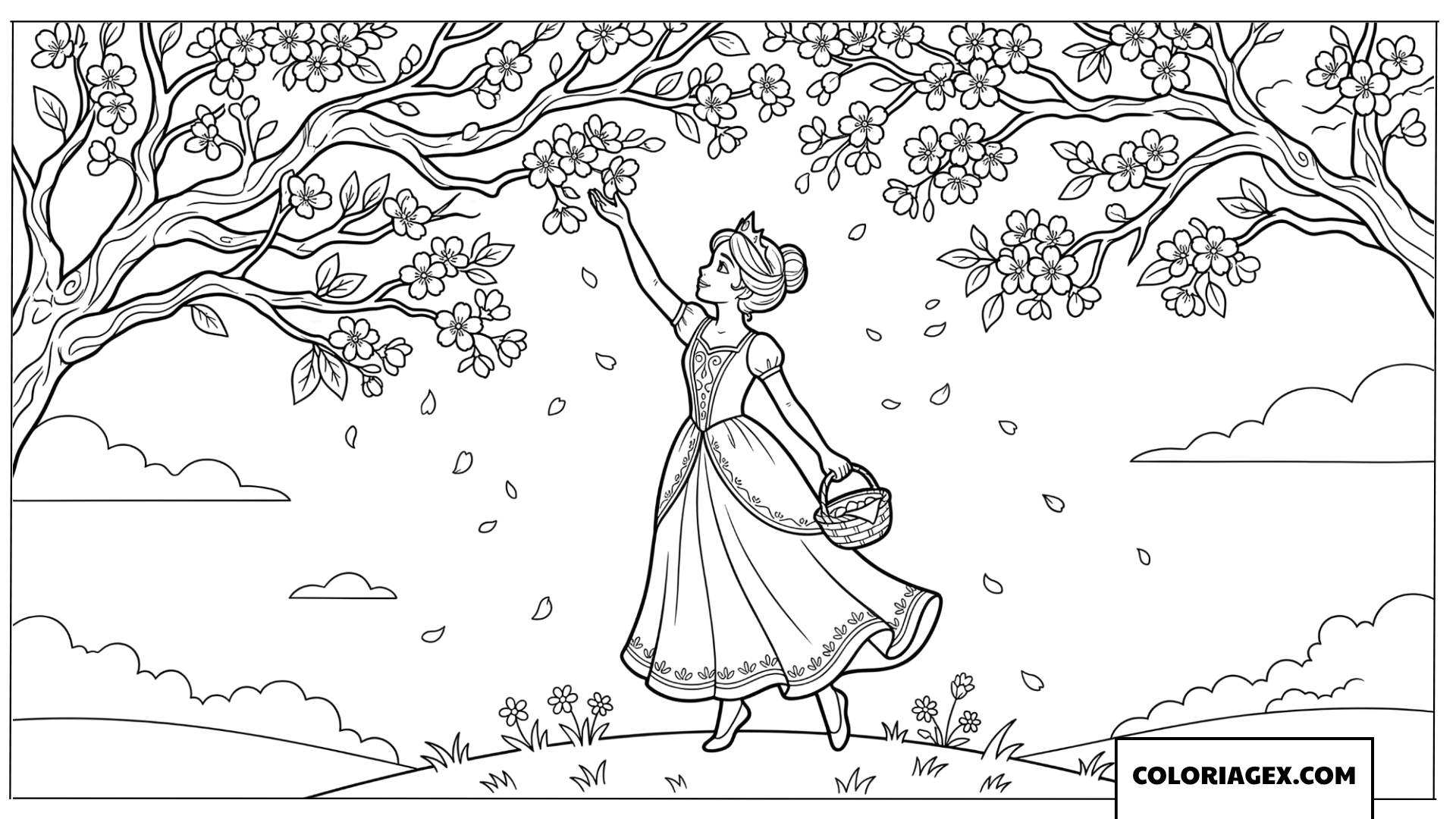 Coloriage Princesse sous les cerisiers en fleurs au printemps