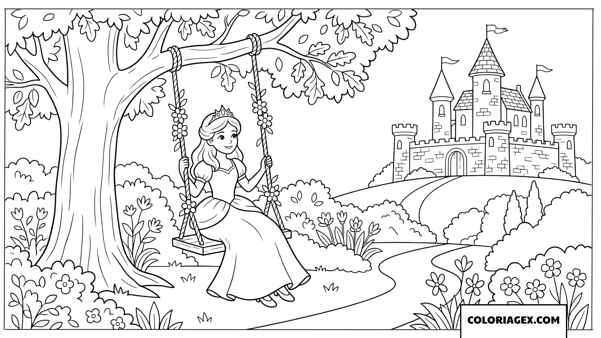 Coloriage Princesse sur une balançoire fleurie près du chateau
