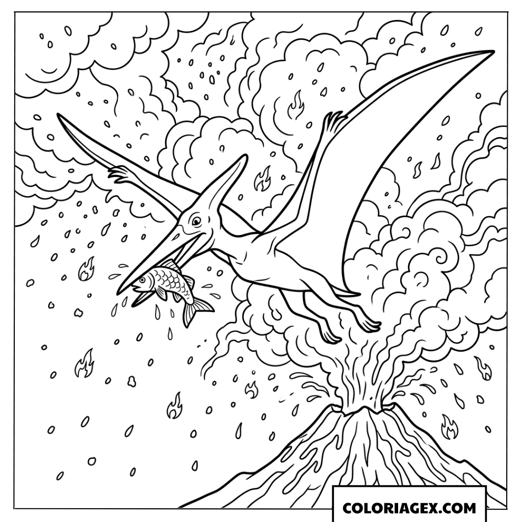 Coloriage Pterodactyle avec un poisson et volcan actif