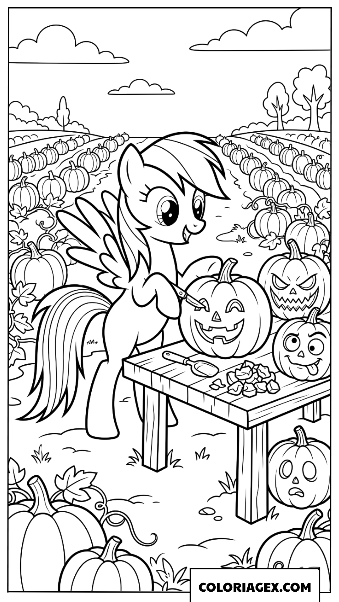 Coloriage Rainbow Dash et les citrouilles