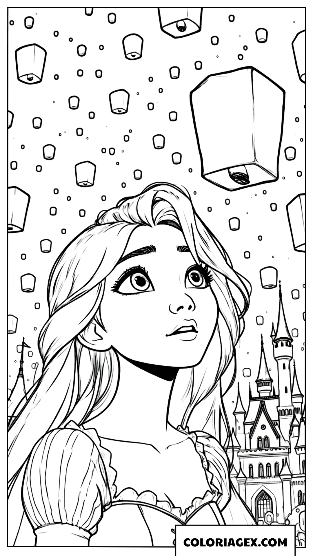 Coloriage Raiponce admirant les lanternes