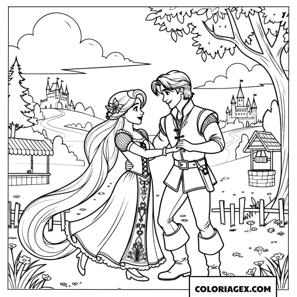 Coloriage Raiponce et Flynn dansant