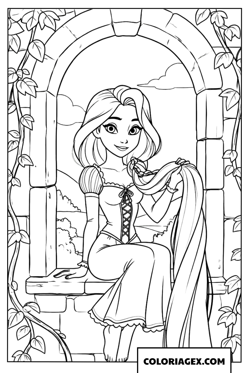 Coloriage Raiponce et l'arcade fleurie