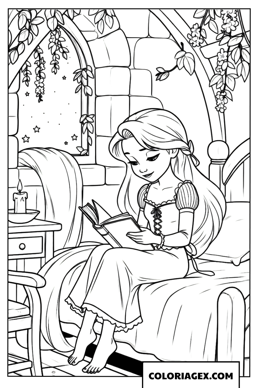 Coloriage Raiponce lisant un livre