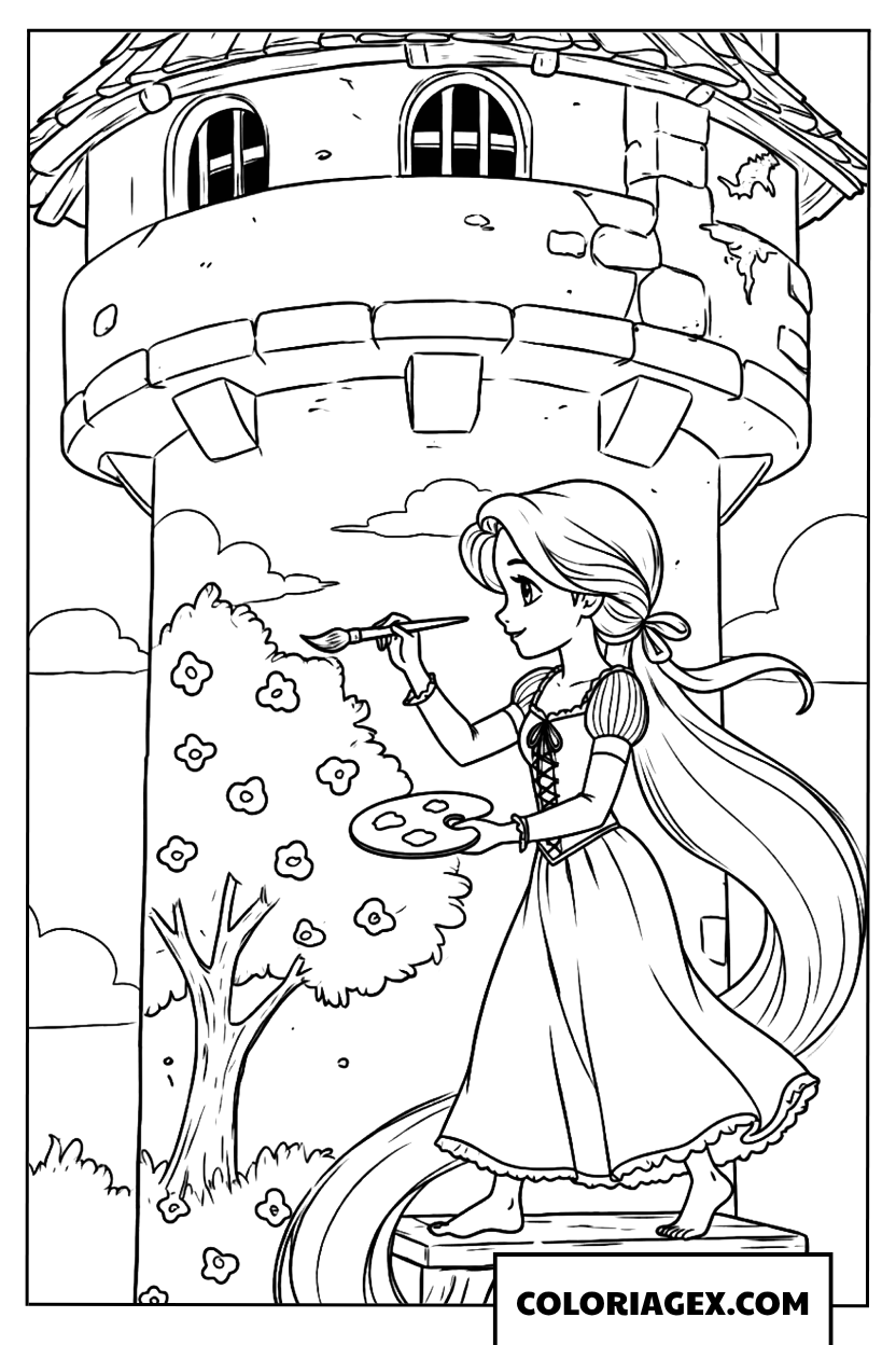 Coloriage Raiponce peignant sur la tour