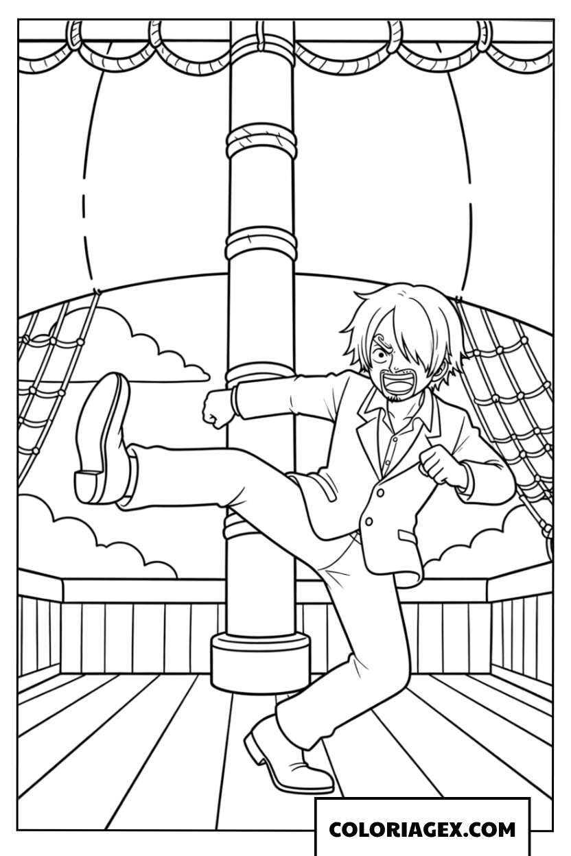 Coloriage Sanji Vinsmoke en action sur le Sunny