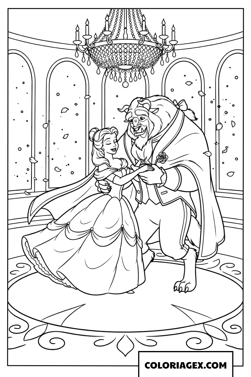 Coloriage Scène de danse romantique entre Belle et la Bête