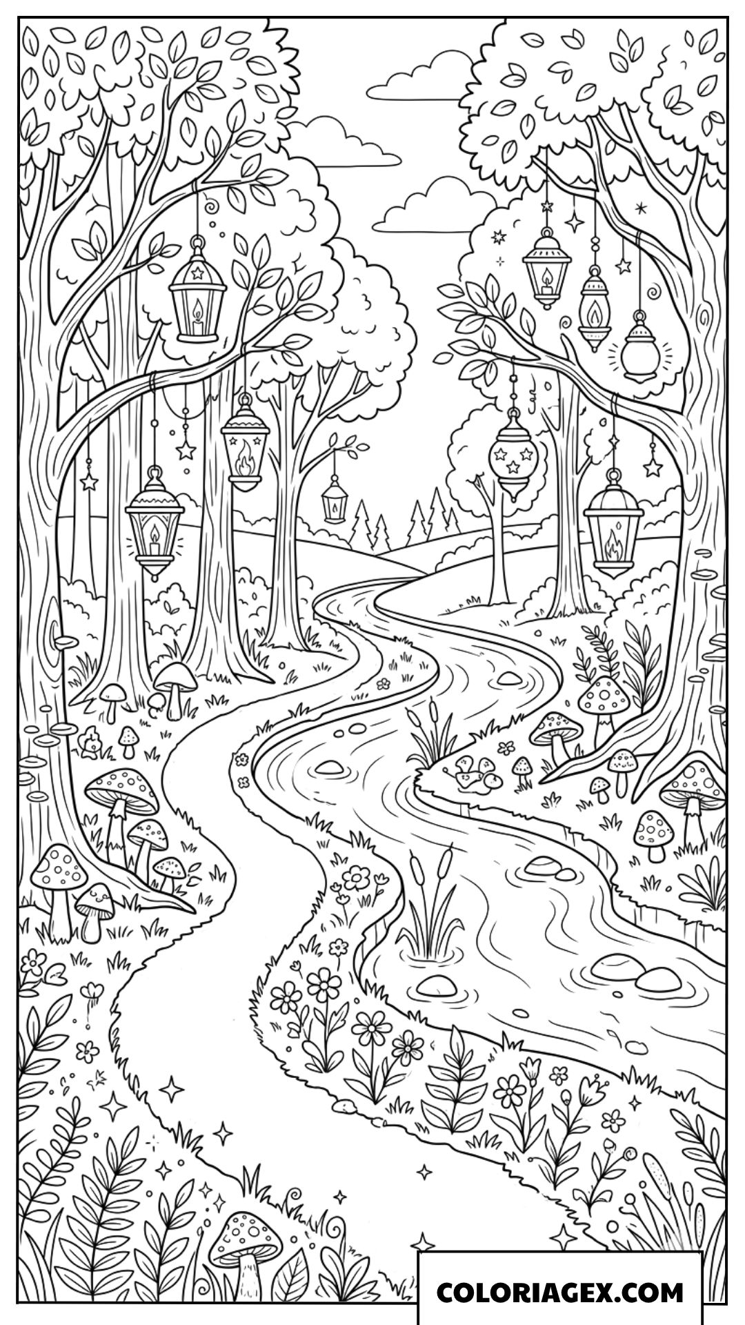 Coloriage Sentier dans une Forêt Fleurie Féérique