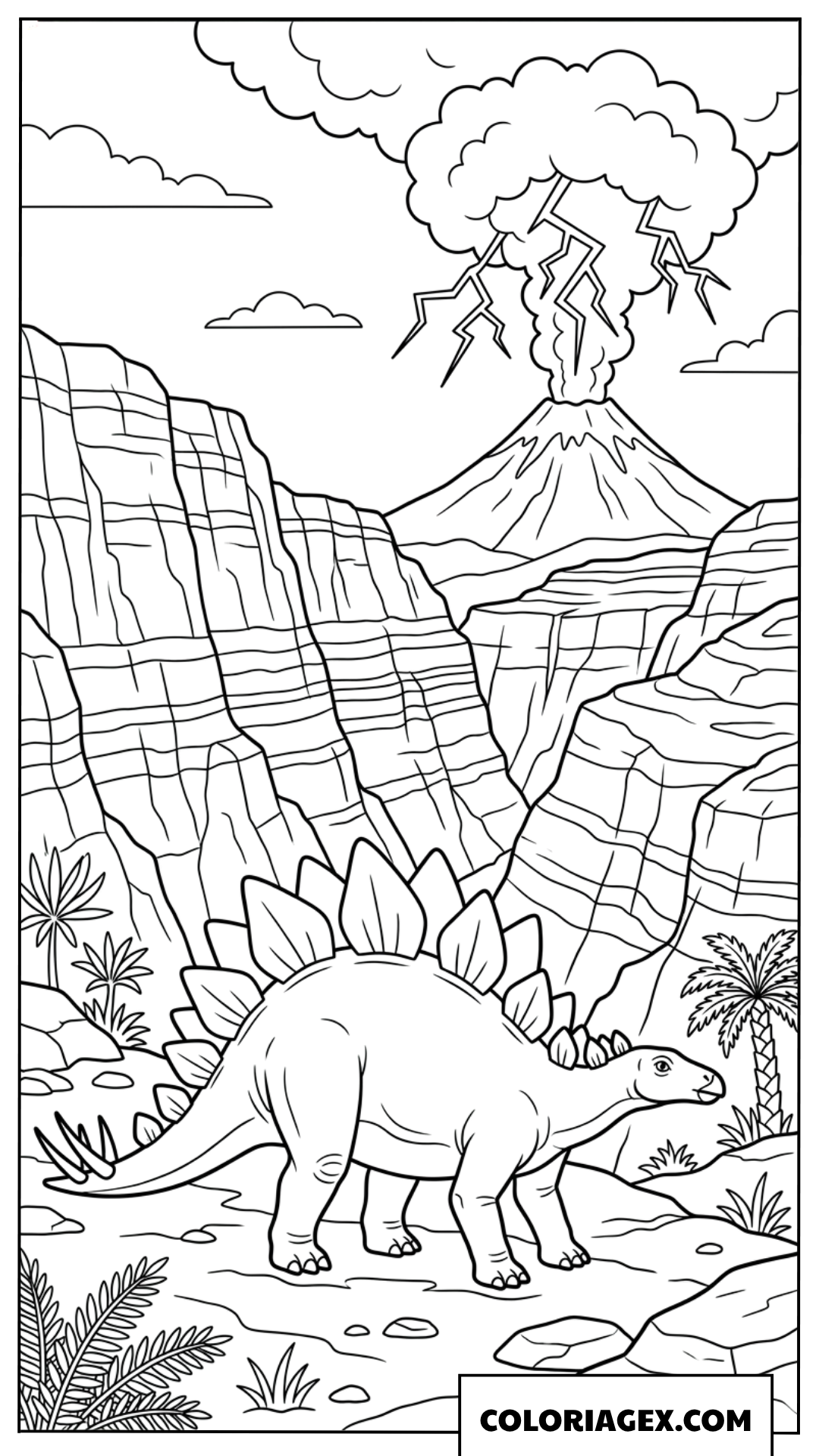 Coloriage Stegosaure dans un canyon et volcan de foudre