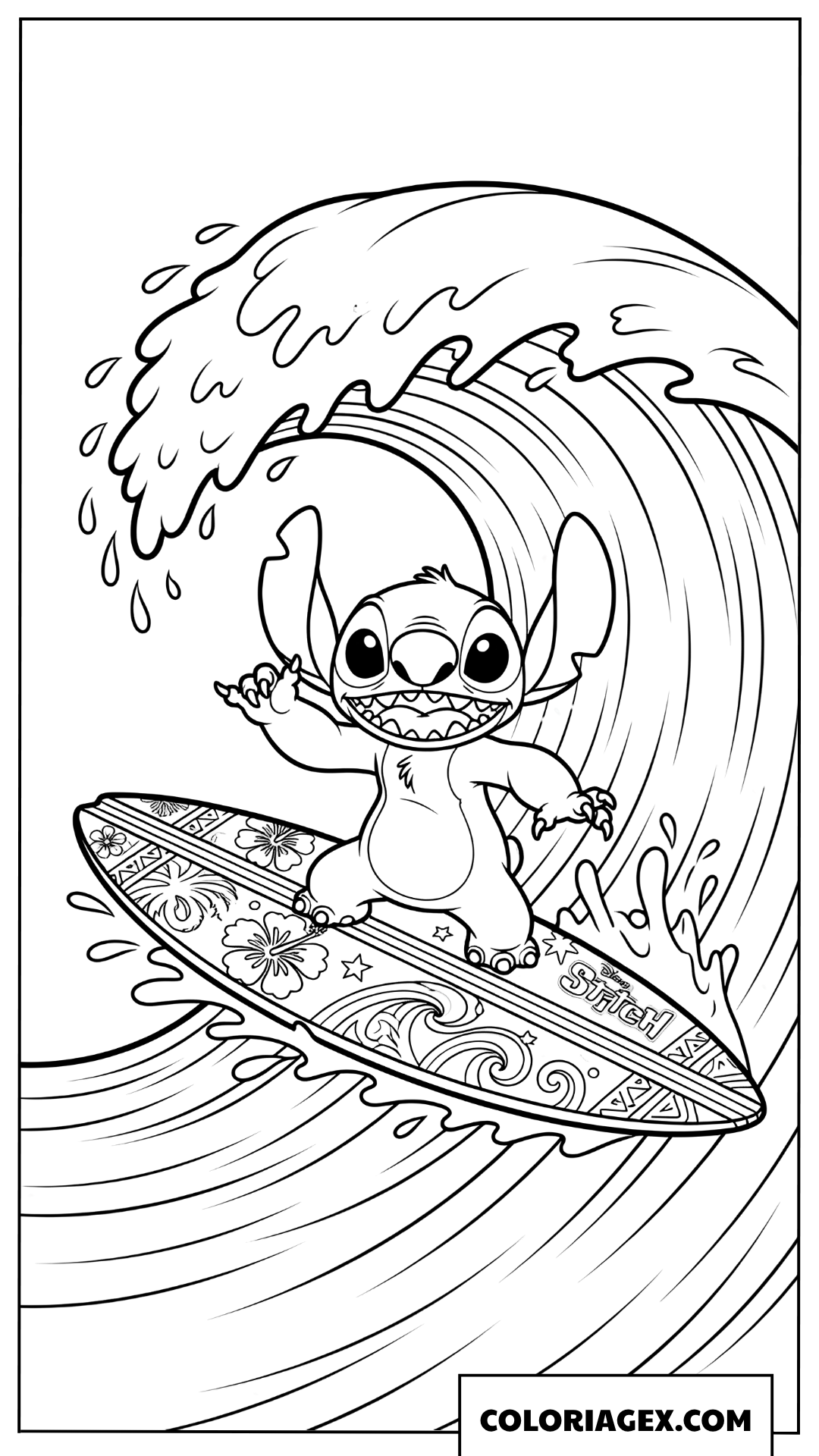Coloriage Stitch Faisant du Surf sur une Vague Geante