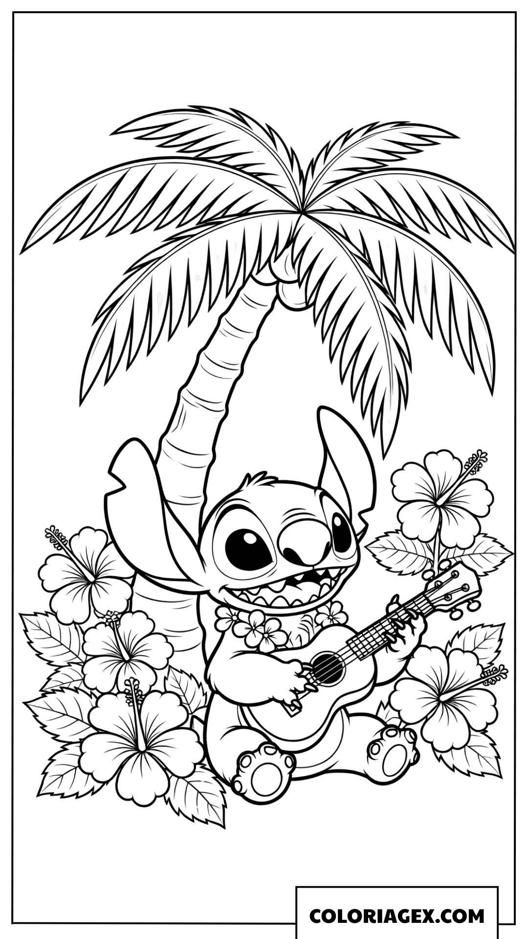 Coloriage Stitch Jouant du Ukulele sous un Palmier