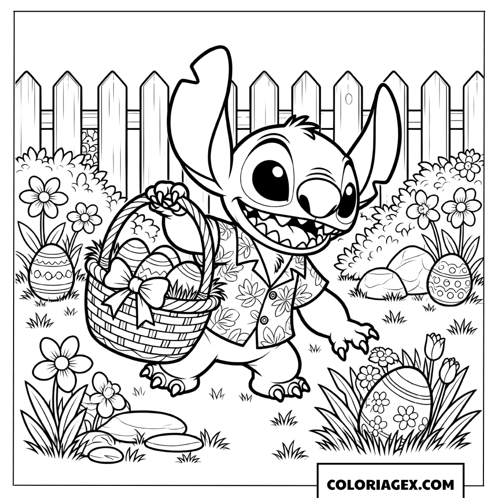 Coloriage Stitch avec son Panier de Pâques