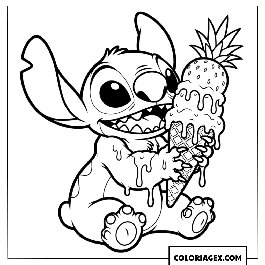 Coloriage Stitch dégustant une énorme glace à l'ananas