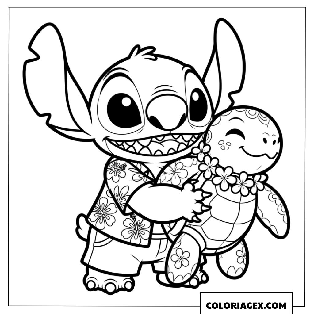 Coloriage Stitch en chemise hawaïenne serrant une petite tortue