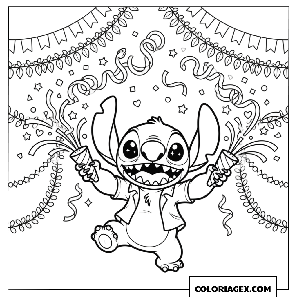 Coloriage Stitch enthousiaste tenant des canons à confettis lors d'une fête