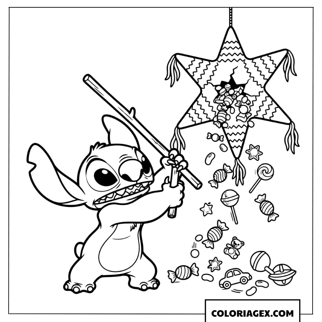 Coloriage Stitch utilisant un bâton pour casser une étoile remplie de bonbons