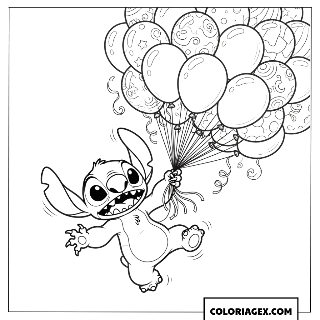 Coloriage Stitch volant dans les airs avec un énorme bouquet de ballons