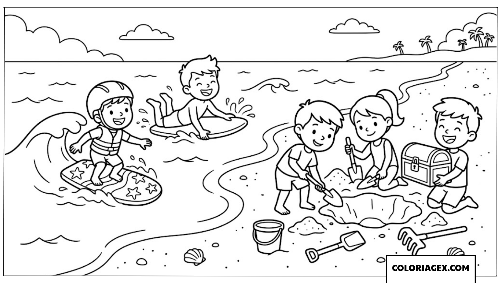 Coloriage Surf et jeux dans le sable